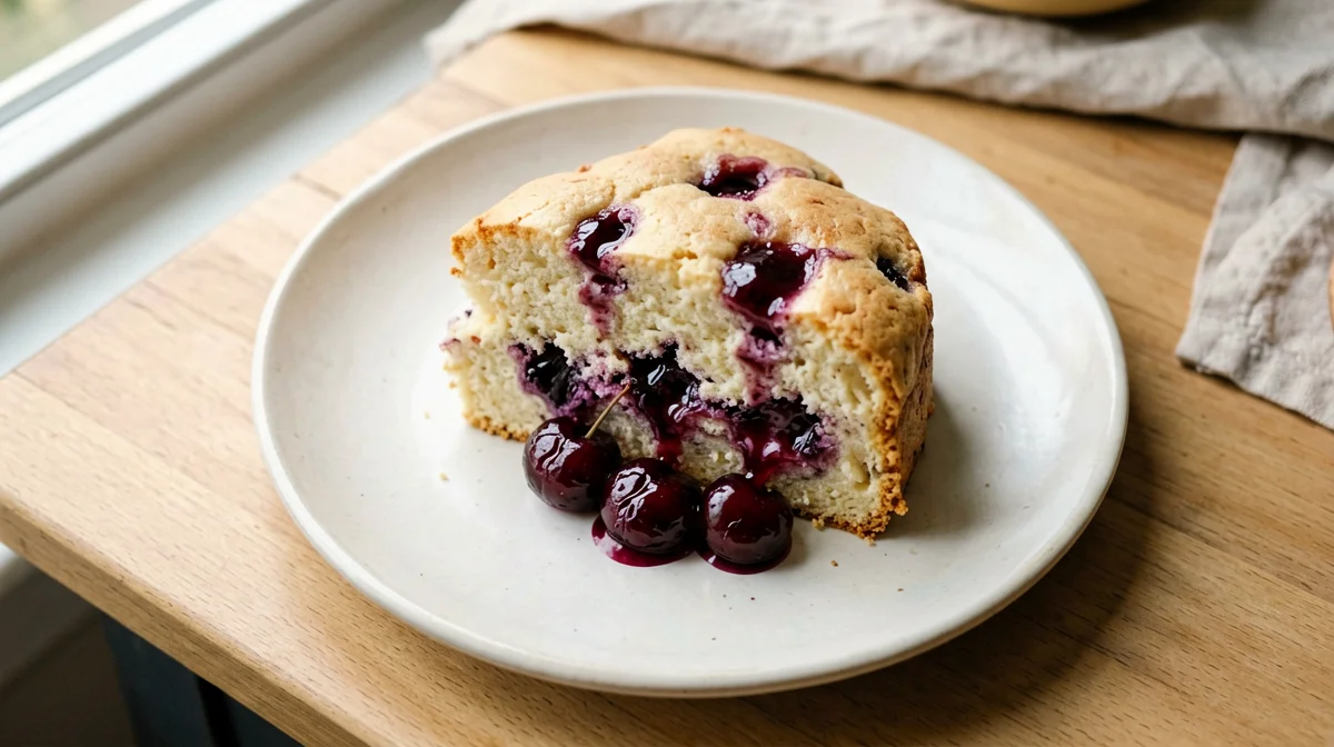 Cherry olive oil cake slice