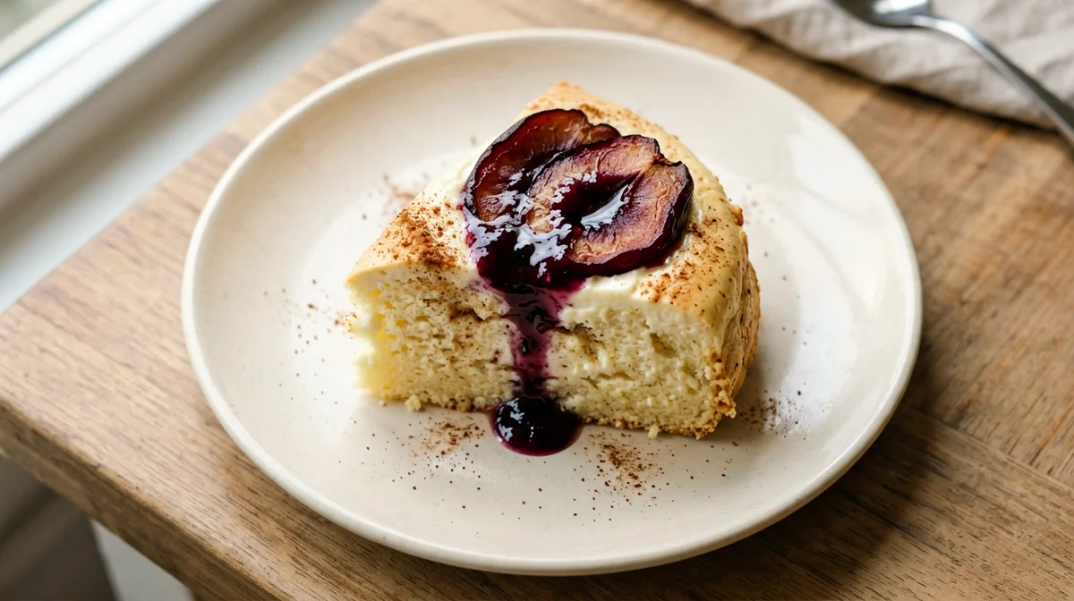 Plum and cinnamon yogurt cake slice