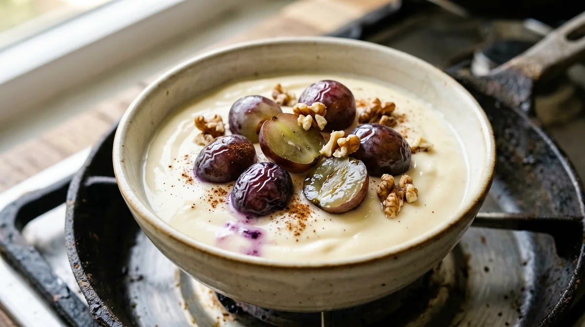 Yogurt di soia con uva saltata e noci