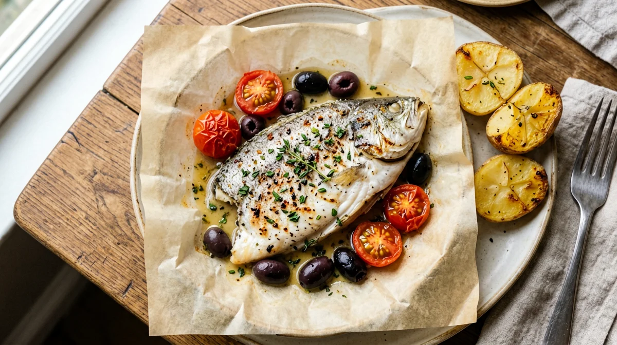 Branzino al cartoccio con pomodorini, olive e patate novelle