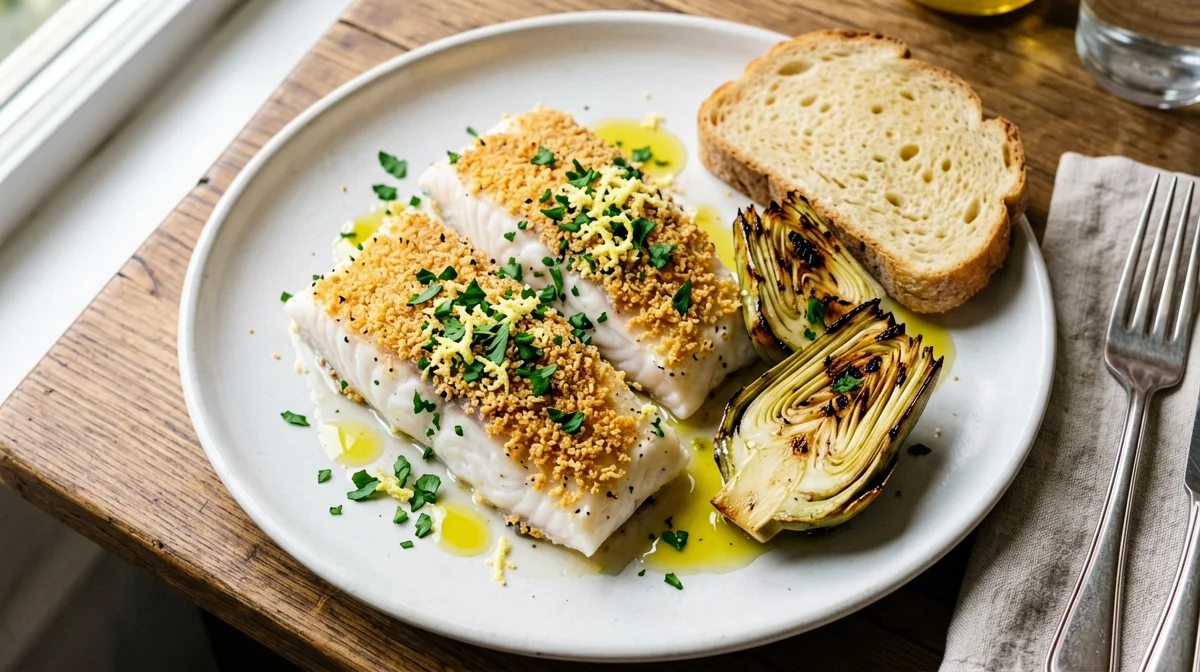 Gratinated hake with roast artichokes and bread