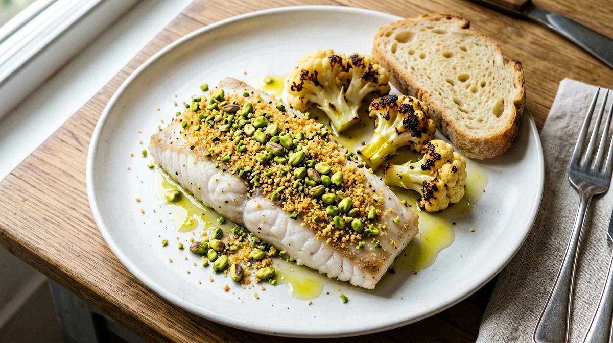 Pistachio-crusted cod with roast cauliflower and bread