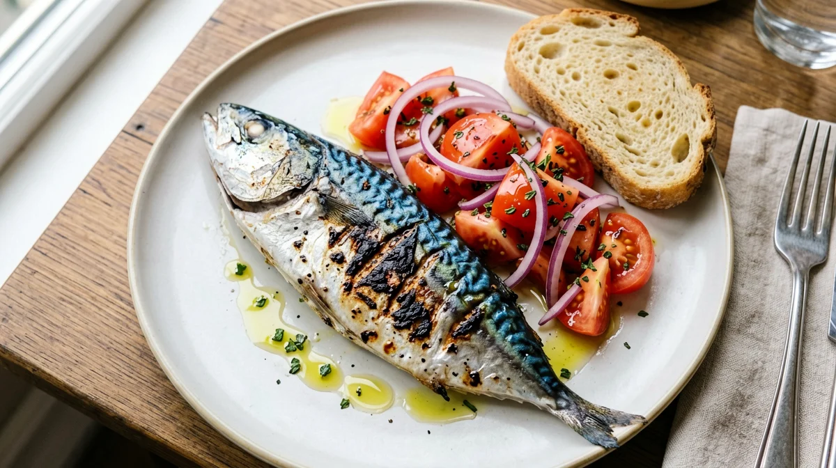 Sgombro alla griglia con insalata di pomodori, cipolla rossa e pane