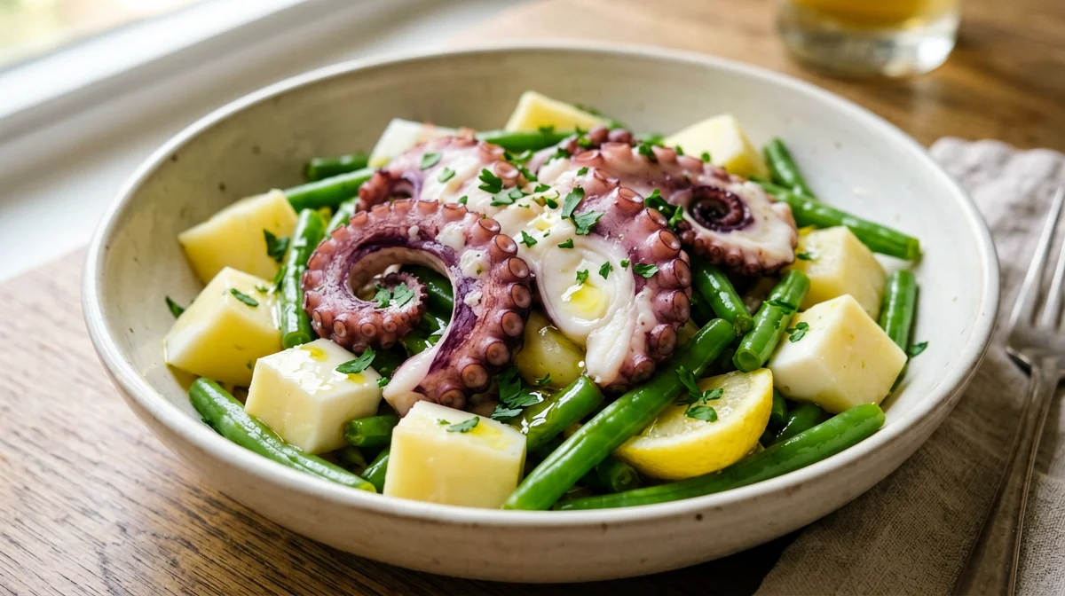 Warm octopus, potato and green bean salad with lemon