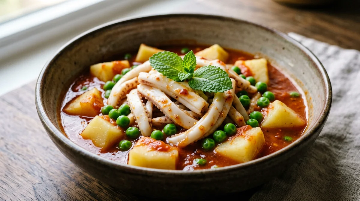 Stewed cuttlefish with peas, potatoes and mint