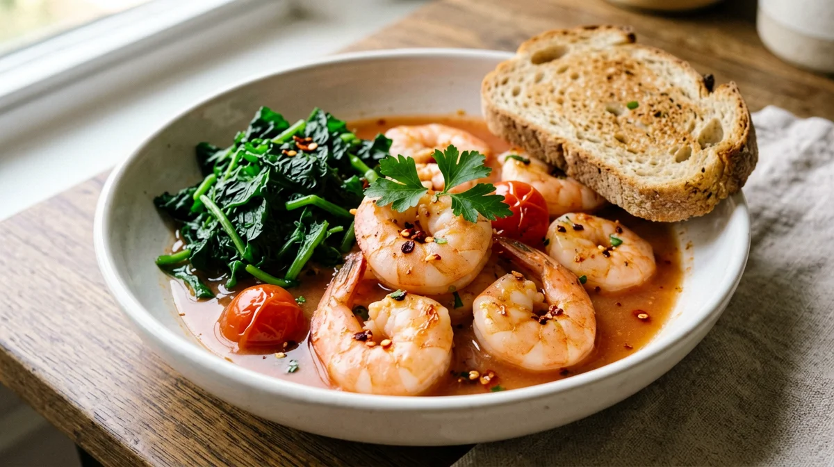 Prawns in cherry tomato broth with chard and wholemeal bread