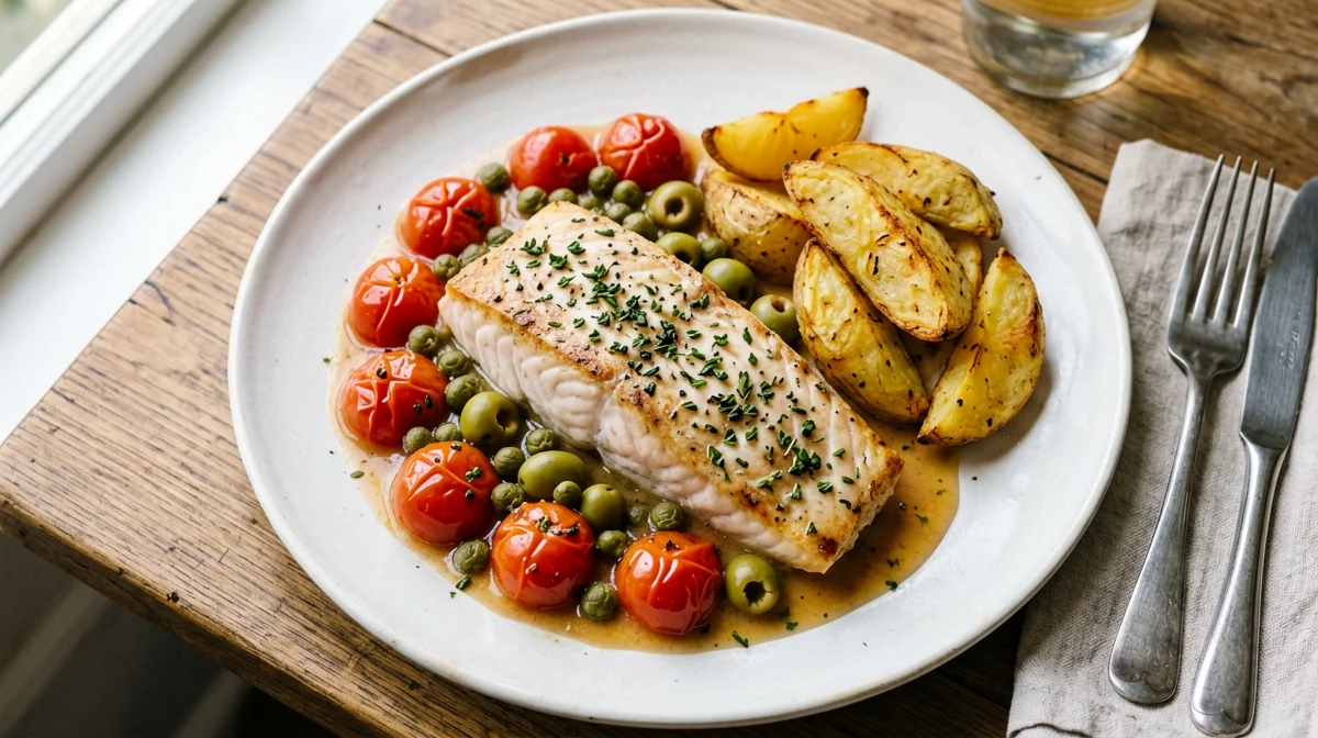 Sicilian-style swordfish with cherry tomatoes, capers and roast potatoes
