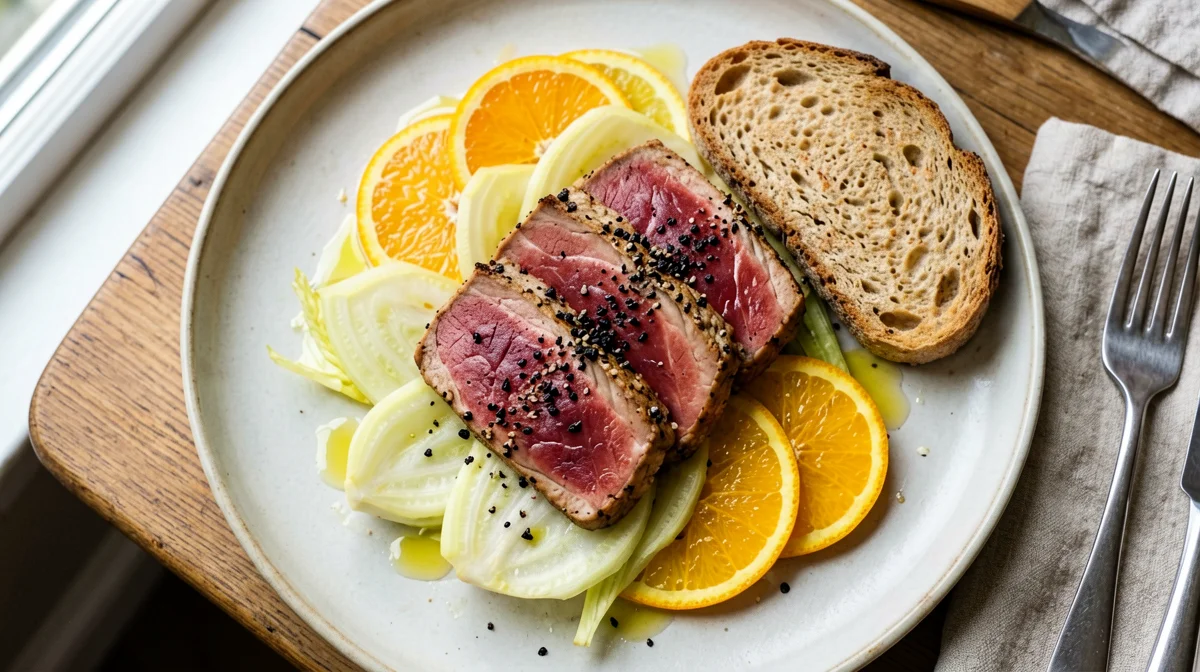 Peppered seared tuna with fennel and orange and rye bread