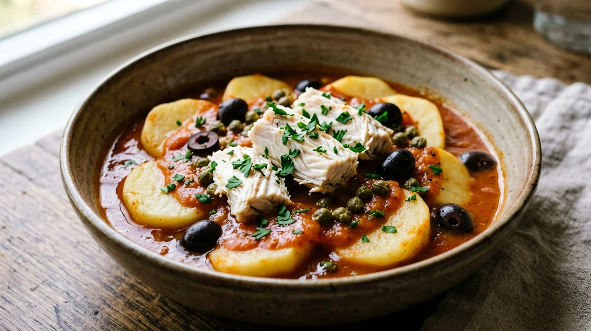 Baccalà alla napoletana con patate, olive e capperi