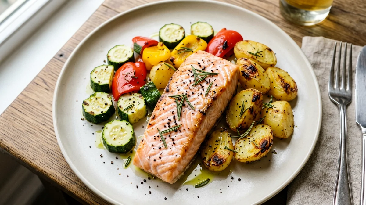 Salmone al forno con zucchine, peperoni e patate al rosmarino