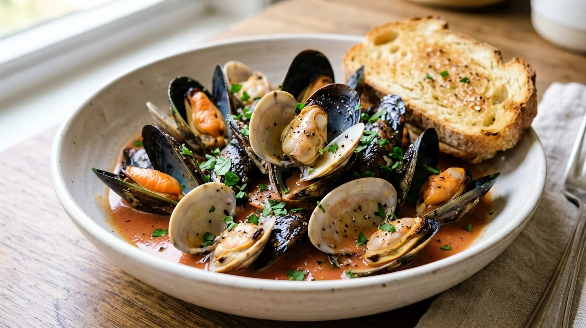 Cozze e vongole in umido al pomodoro con pane abbrustolito