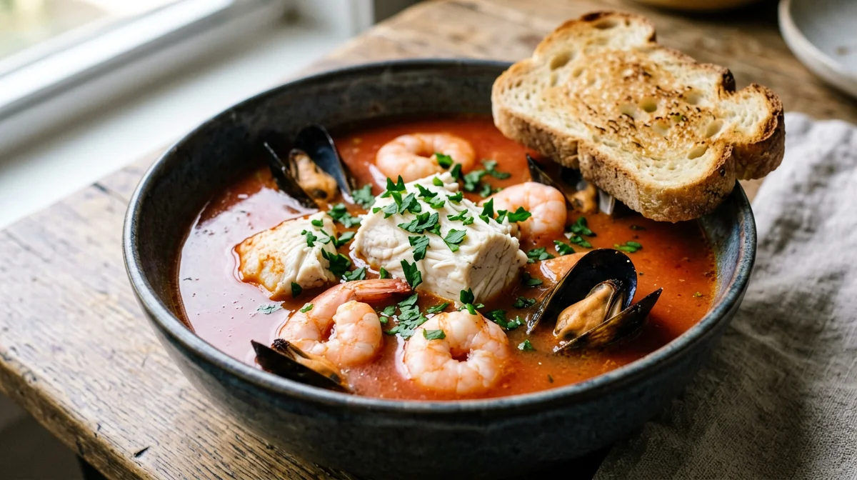 Light fish soup with cod, prawns and mussels and croutons
