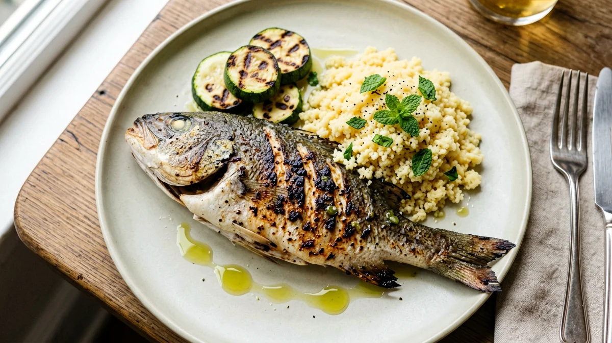 Orata alla griglia con zucchine grigliate e couscous alla menta