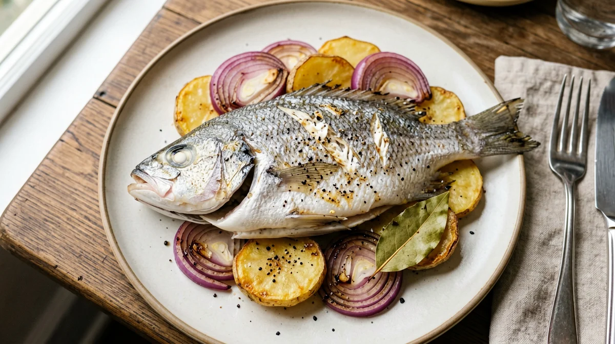 Branzino al forno con cipolle rosse, patate e alloro