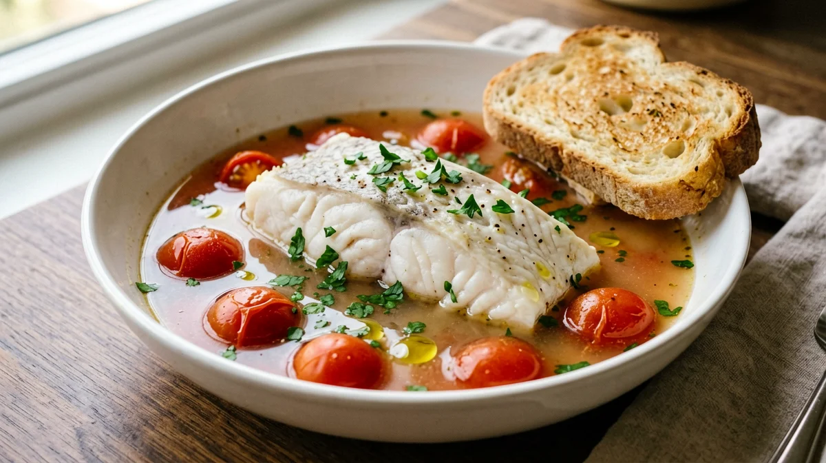 Cod in acqua pazza with cherry tomatoes and toasted bread