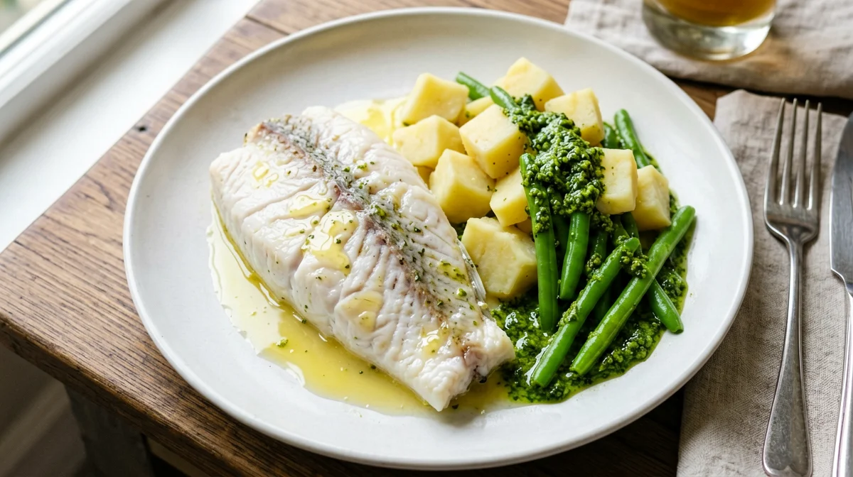 Steamed hake with potatoes and green beans in pesto