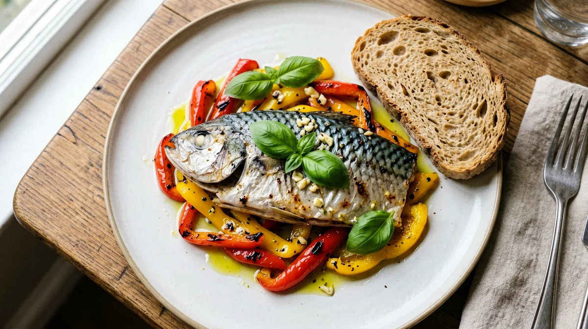 Baked mackerel with peppers and wholemeal bread