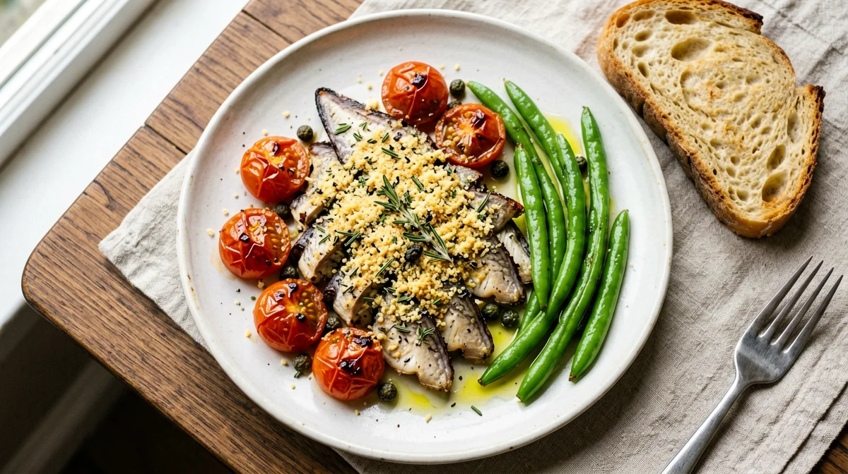 Tortiera di alici con pomodorini, capperi, fagiolini e pane