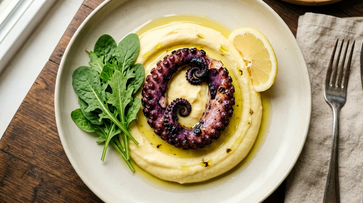 Grilled octopus with potato cream and rocket