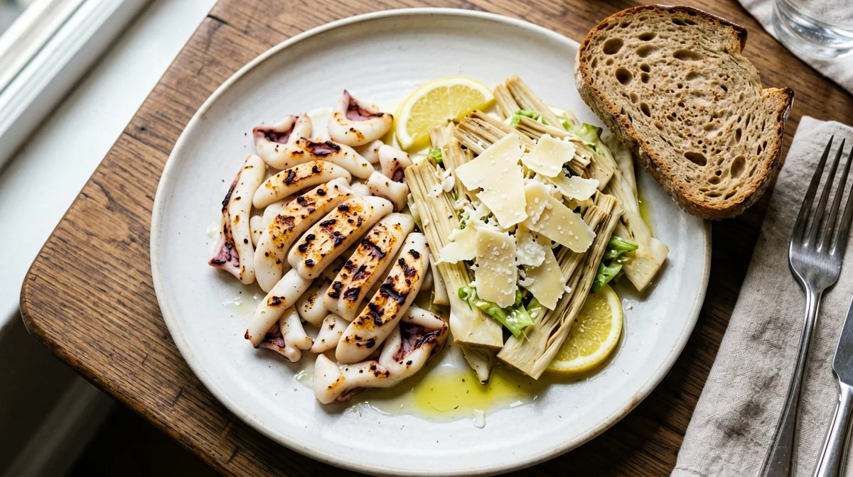 Seppie alla piastra con insalata di carciofi crudi, grana e pane integrale