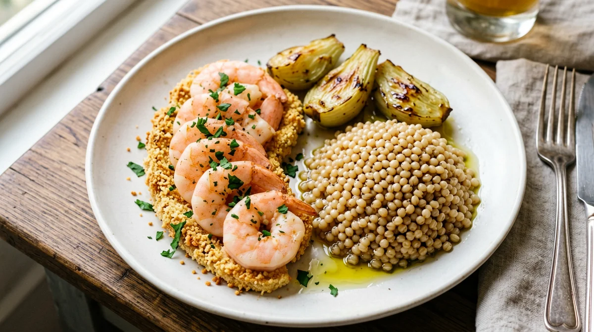Gratinated prawns with roast fennel and farro