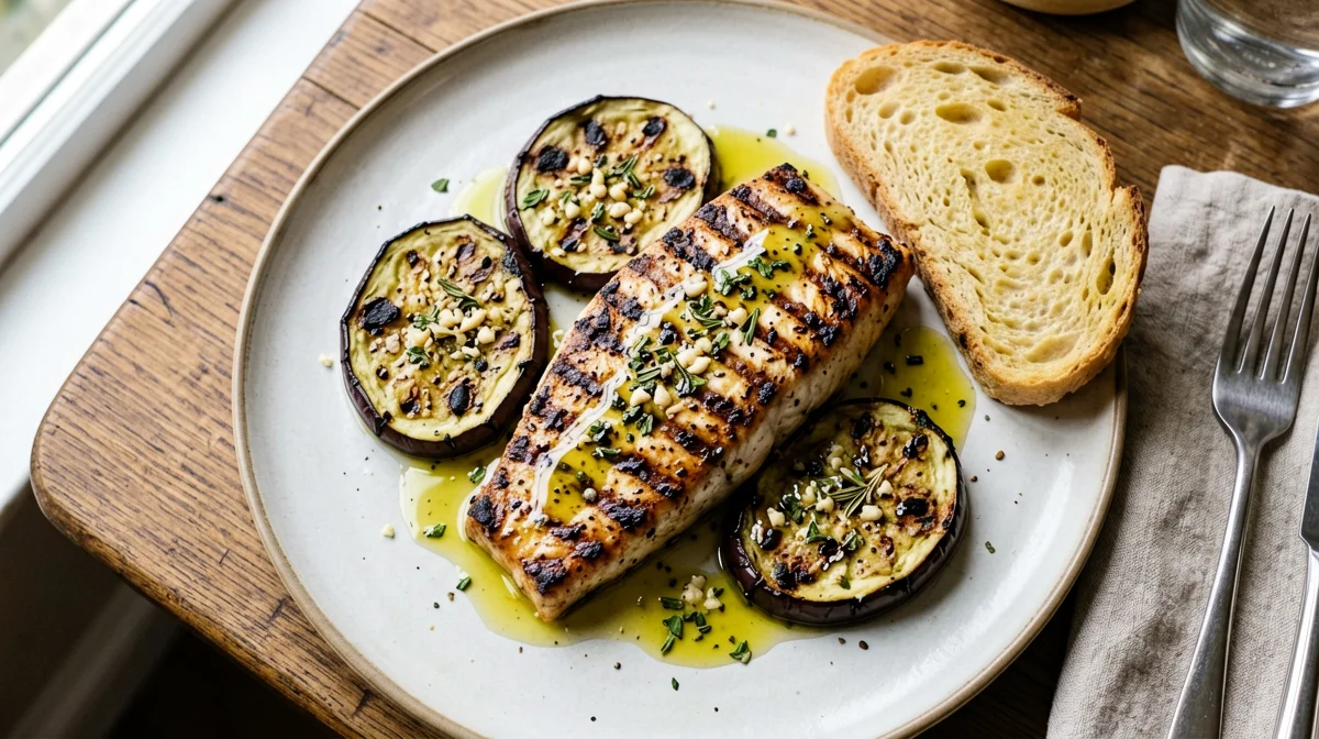 Swordfish with salmoriglio, grilled aubergine and bread