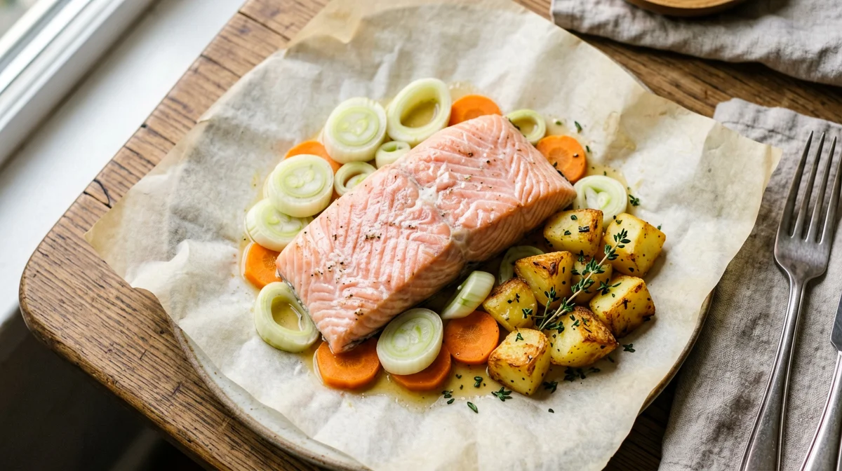 Salmon en papillote with leeks, carrots and thyme potatoes
