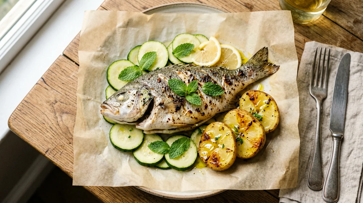 Orata al cartoccio con zucchine alla menta e patate novelle