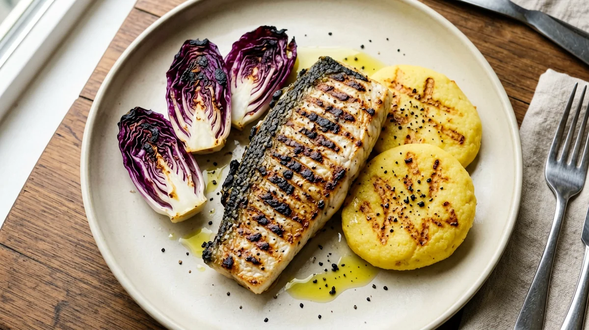 Branzino alla piastra con radicchio grigliato e polenta