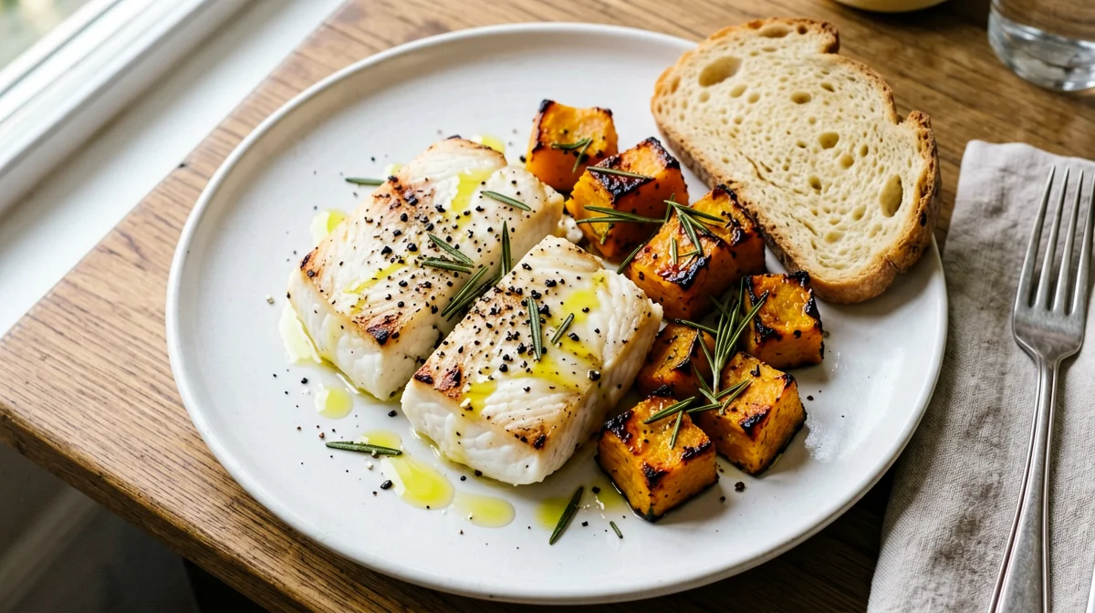 Baked monkfish with pumpkin, rosemary and bread
