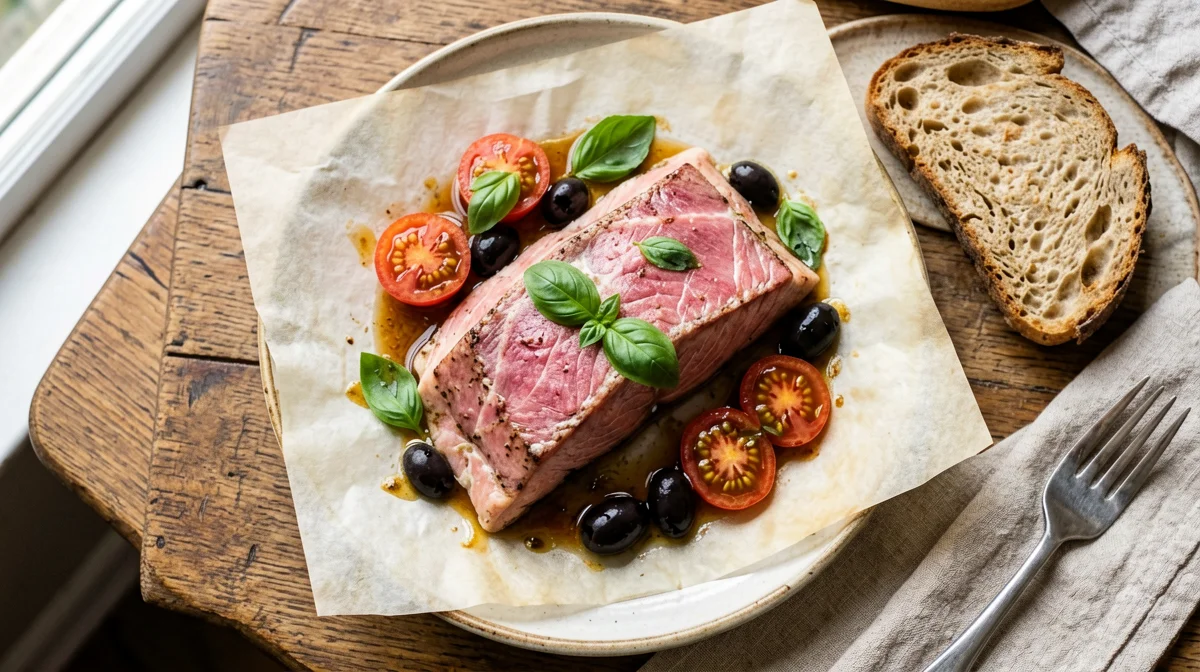 Triglie al cartoccio con pomodorini, olive e pane