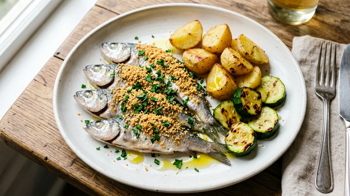 Sardine gratinate al forno con patate e zucchine