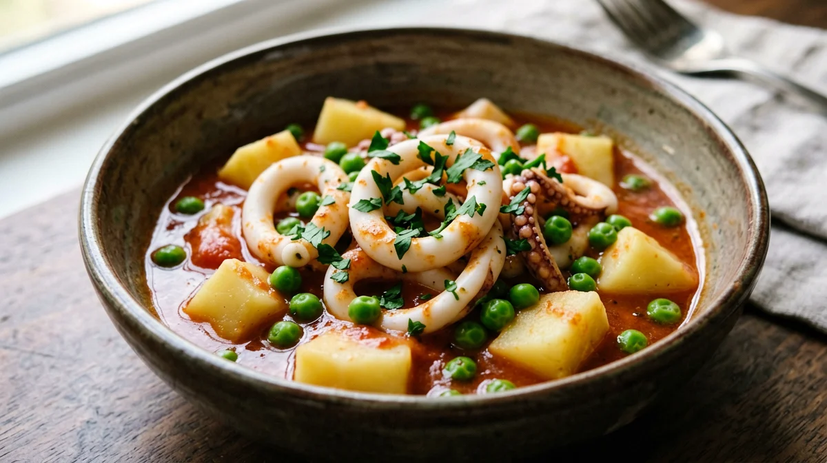 Stewed squid with potatoes and peas