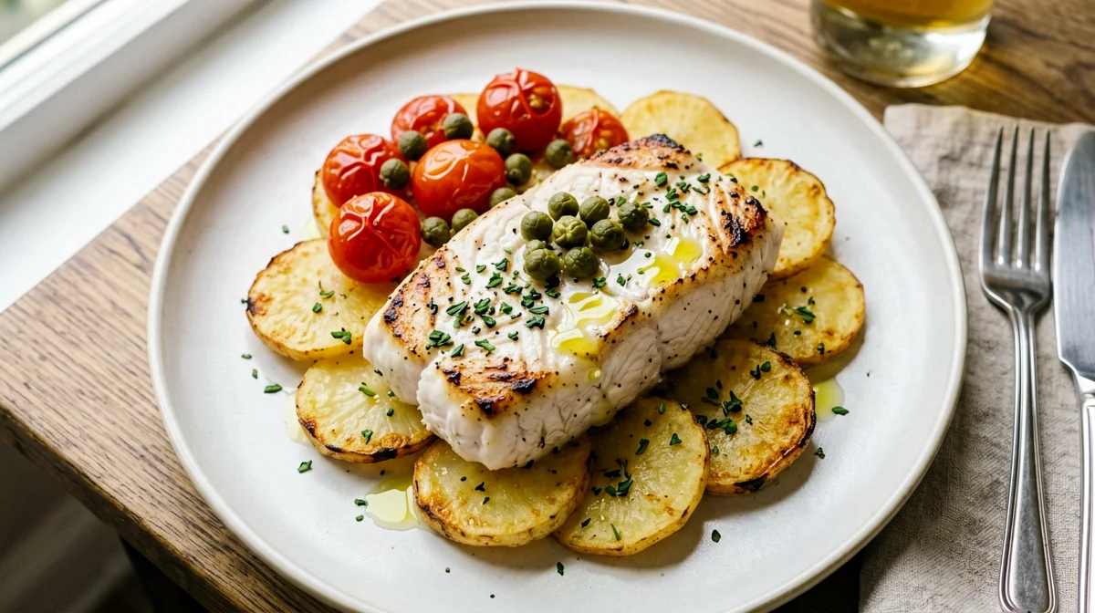 Baked grouper with potatoes, cherry tomatoes and capers