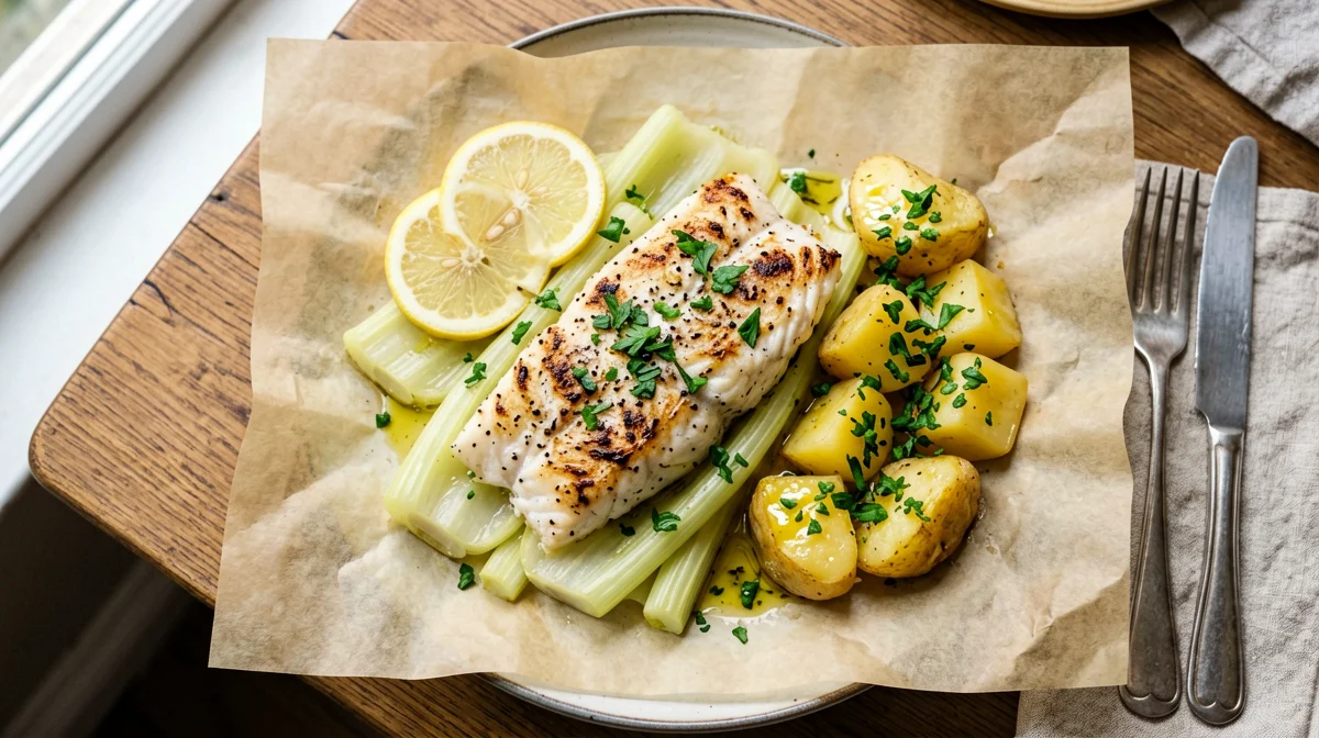 Dentice al cartoccio con limone, finocchi e patate