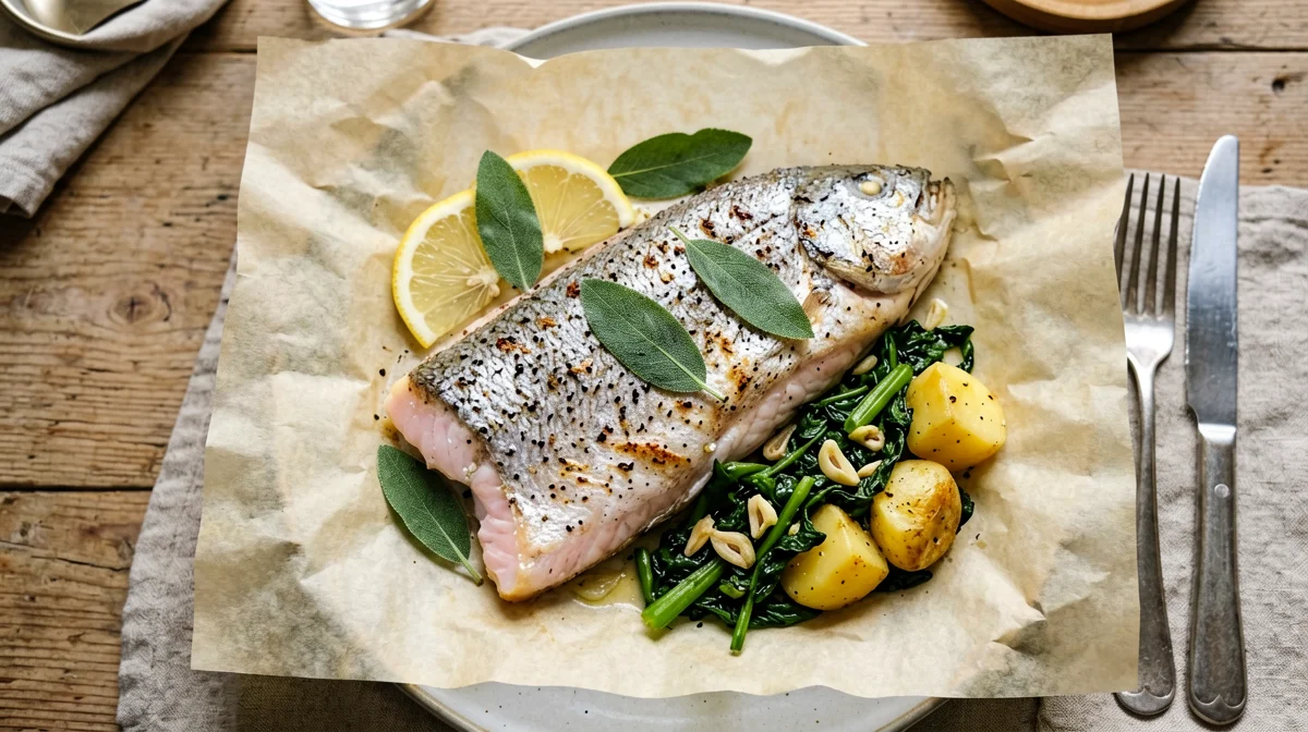 Trota al cartoccio con salvia e limone, bietole e patate