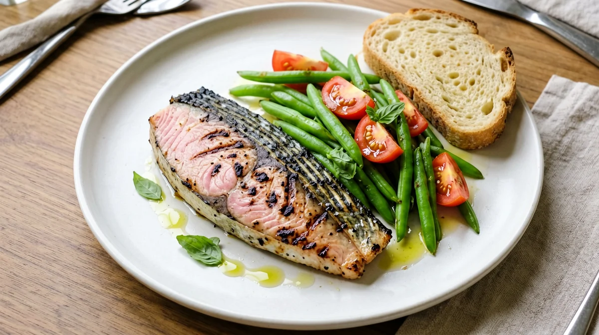Grilled bonito with green bean and tomato salad and bread