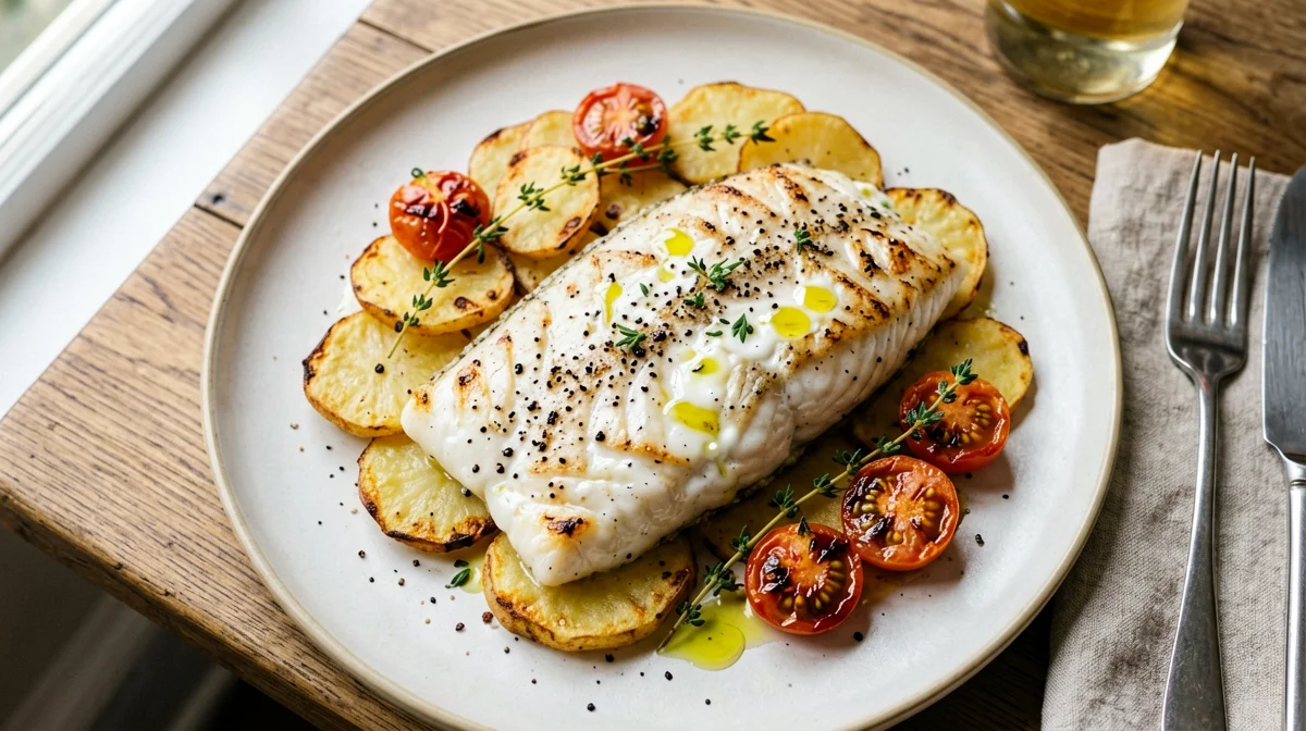 Rombo al forno con patate, pomodorini e timo
