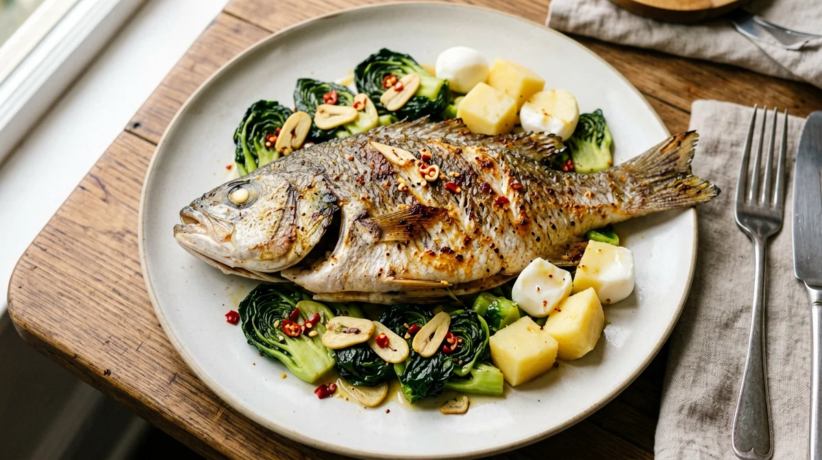 Filetto di branzino con cime di rapa e patate