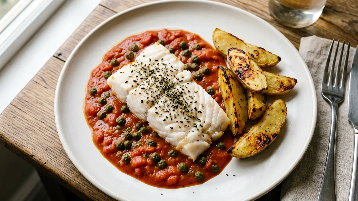 Cod pizzaiola with oregano and roast potatoes