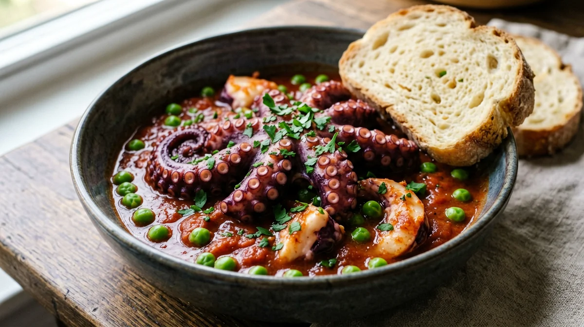 Stewed octopus with peas and bread