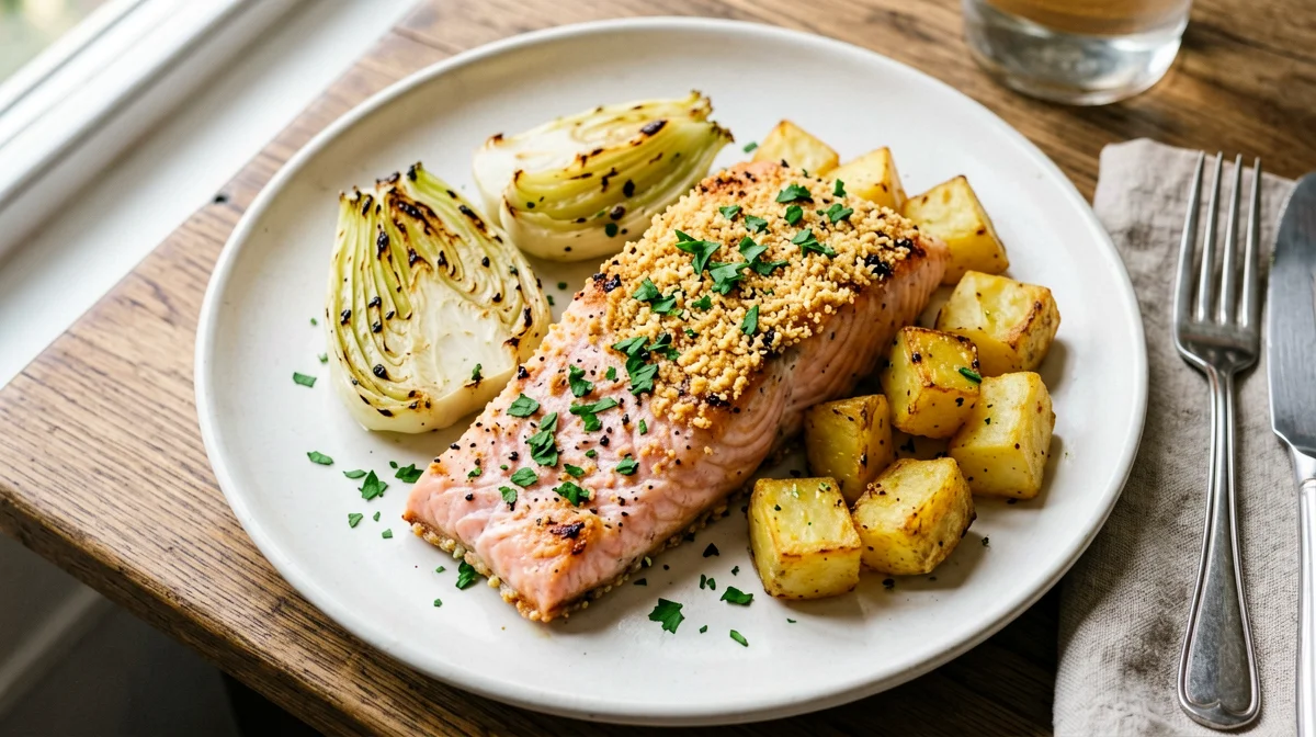 Salmone in crosta di erbe con finocchi al forno e patate