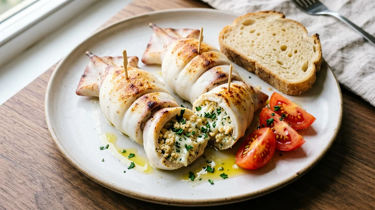 Cuttlefish stuffed with breadcrumbs and herbs with tomato salad