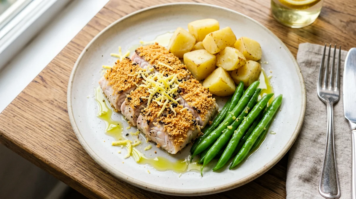 Pesce spada gratinato al limone con patate e fagiolini