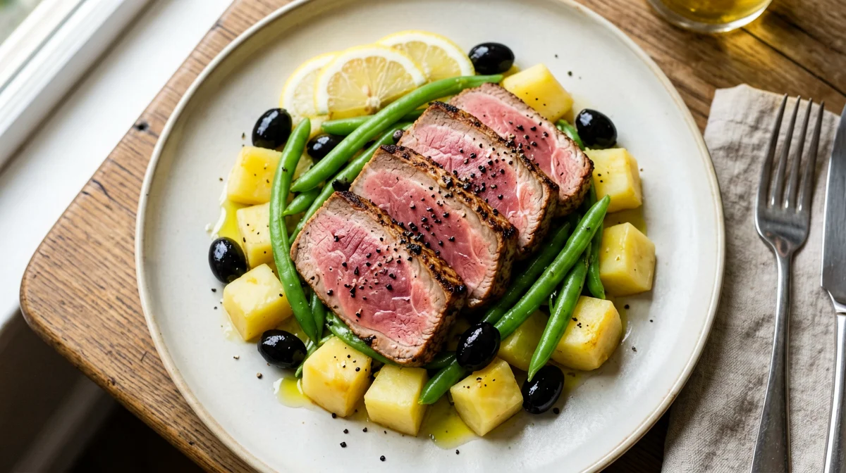 Tonno scottato con patate, fagiolini e olive