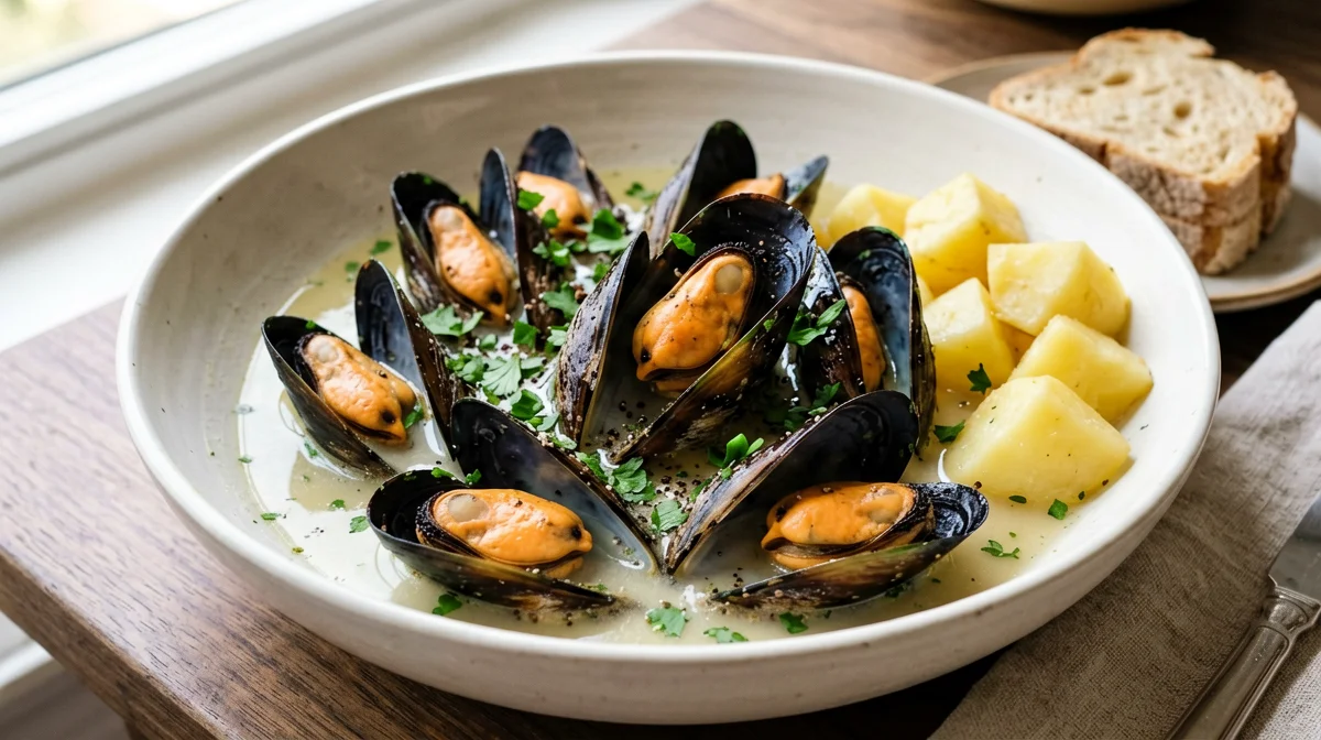 Mussels in white wine with boiled potatoes and parsley
