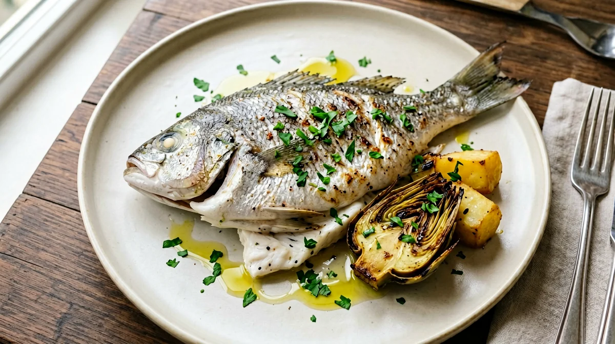 Baked sea bream with artichokes and potatoes