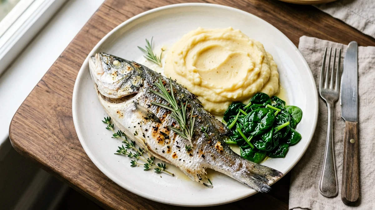 Branzino alle erbe con purè di patate e spinaci