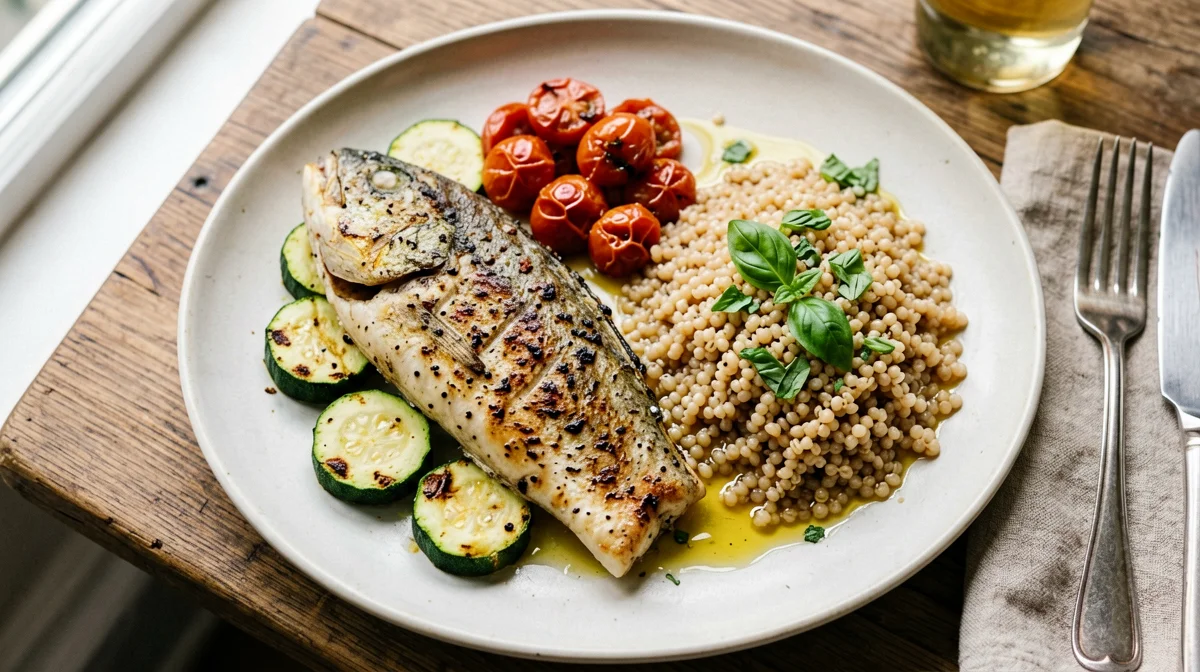 Baked sea bass with zucchini and cherry tomatoes and basil farro