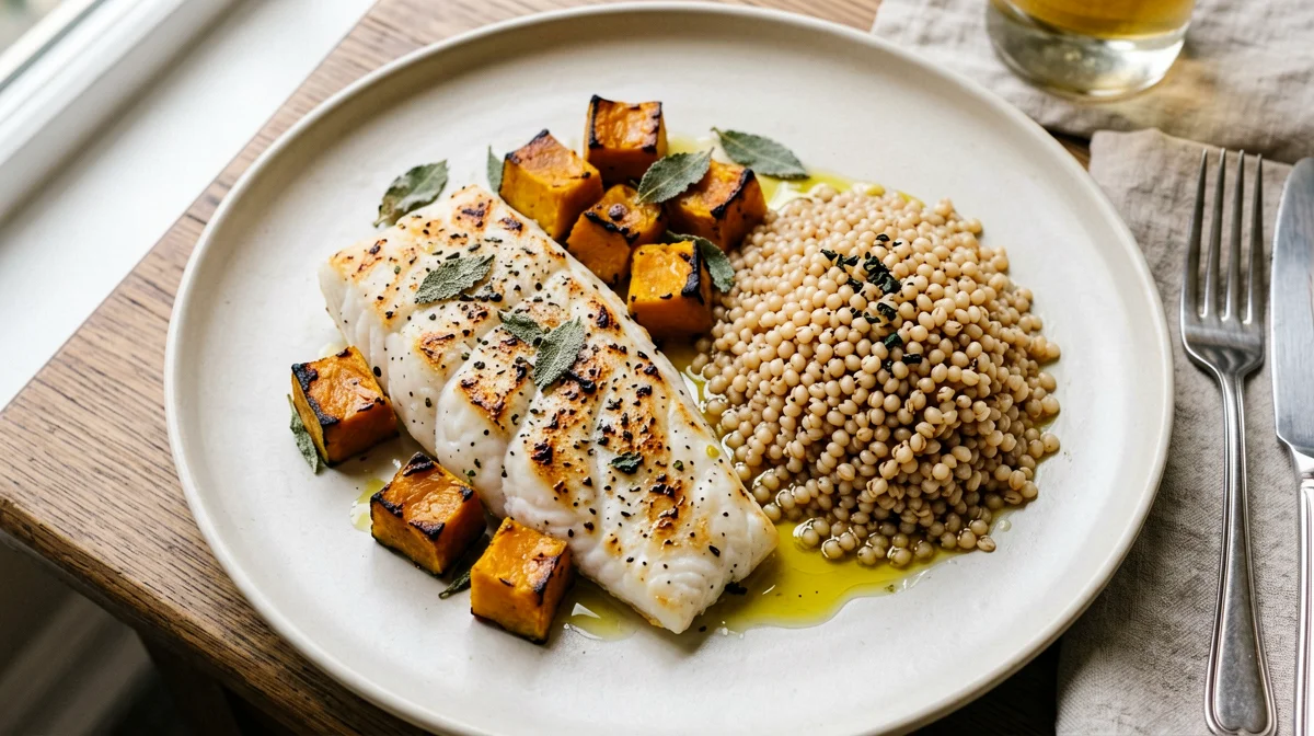 Baked cod with pumpkin, sage and farro